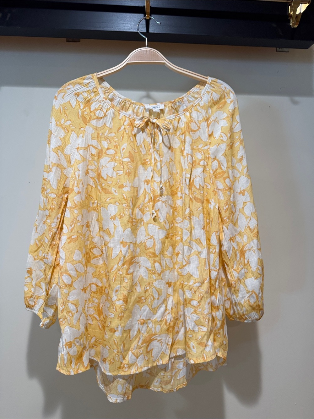 Yellow Floral Tie-Neck Peasant Tunic
